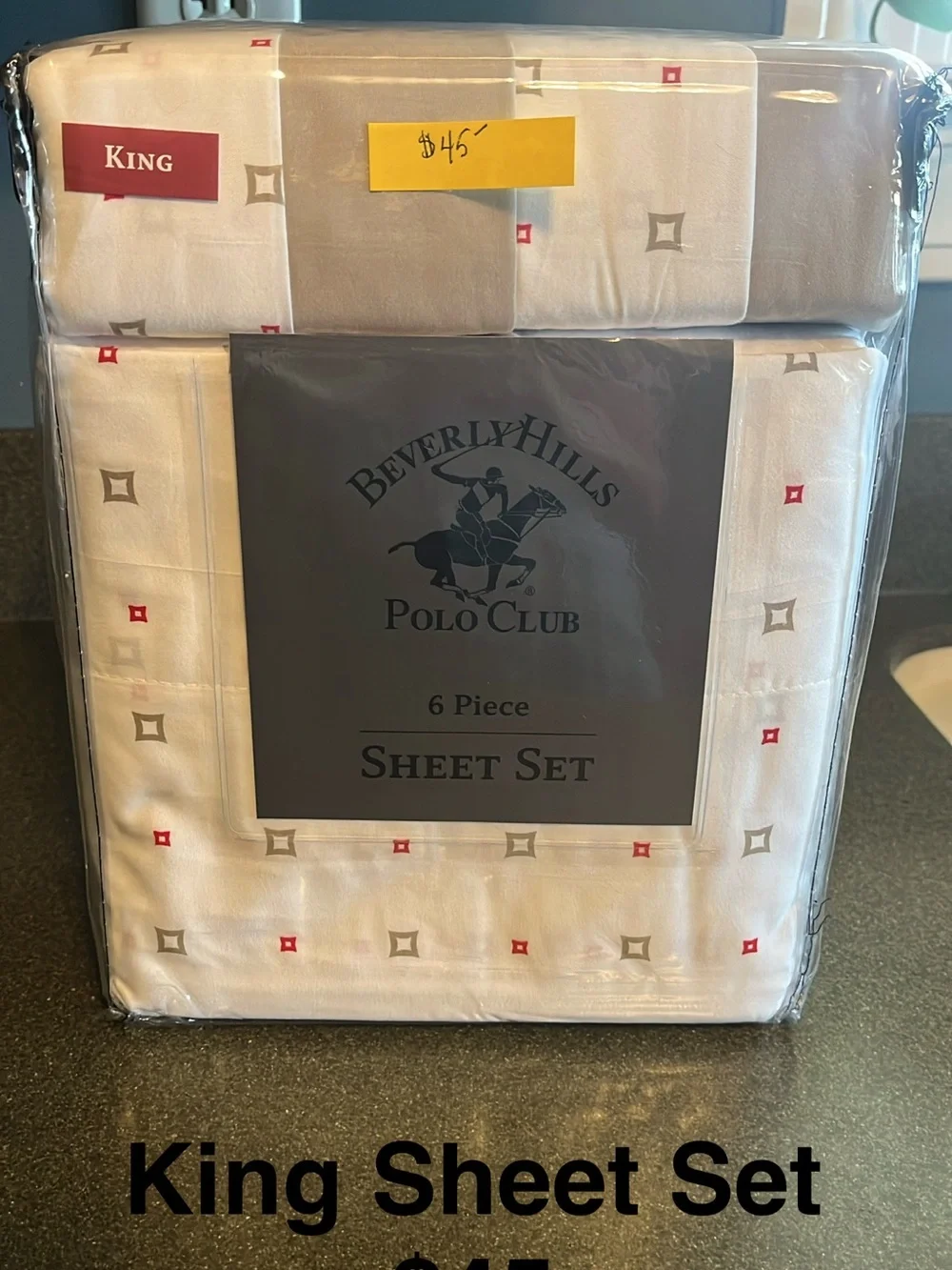 Beverly Hills Polo Club White King Sheet Set with Gray & Red Accents